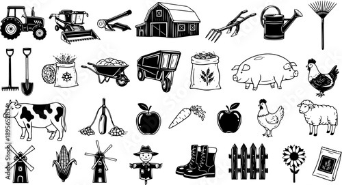 Farm and Agriculture Black  White Line Art Set - Hand-Drawn Farming Equipment, Animals, Tools  Produce Icons for Rural Life and Harvest
