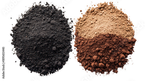 Black soil brown loam soil and reddish clay soil in premium scoops on transparent background