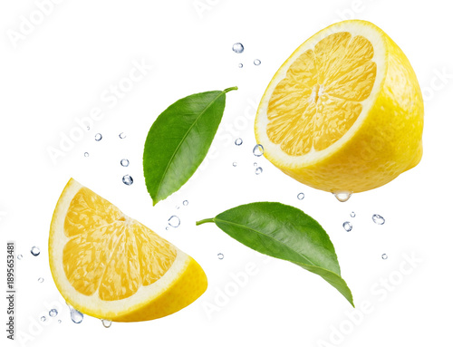 Canvas Print vibrant fresh lemon slices with green leaves and water droplets splashing on a transparent background, a refreshing and zesty citrus fruit perfect for culinary and beverage applications