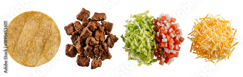 Tableau sur toile deconstructed taco ingredients laid out separately: corn tortilla, seasoned beef, shredded lettuce, diced tomatoes, and shredded cheese on black