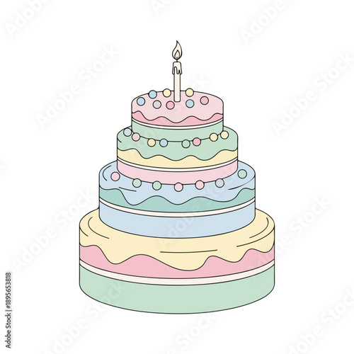 Wallpaper Mural Tiered Birthday Cake Outline Pastel Colors Celebration Dessert Torontodigital.ca