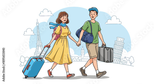 Cartoon of couple travelers with luggage in front of landmarks visiting new countries
