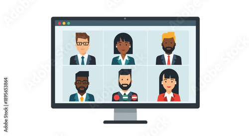 Diverse team meeting online showcasing cartoon avatars on computer screen illustration