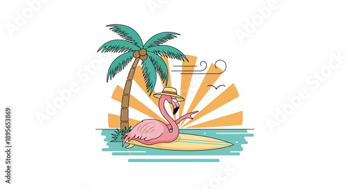 Flamingo enjoying summer vacation under palm tree on surfboard cartoon illustration