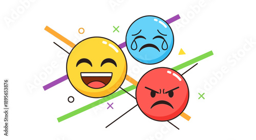 Illustration of three distinct cartoon emoji faces expressing joy sadness and anger with abstract