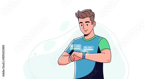 Man monitoring fitness data on smartwatch with modern cartoon style illustration