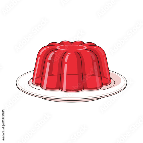Red Gelatin Dessert on White Plate Cartoon Style Vector Illustration