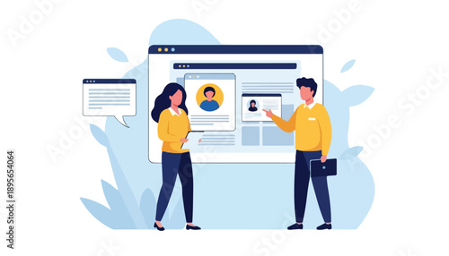 Two people managing online profiles and resumes on a web browser interface, illustrating digital recruitment or HR processes.