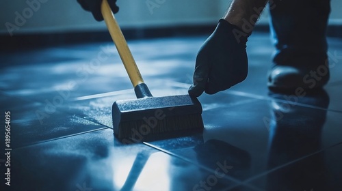 Worker applying sealant, tiled floor, indoor, night