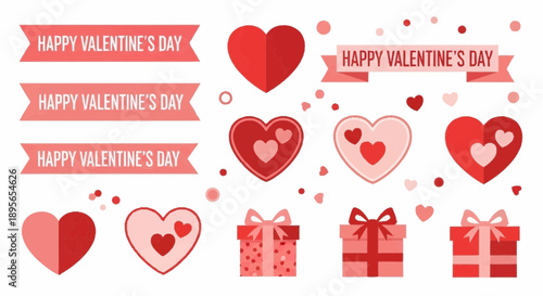 Valentine's Day celebration elements including hearts, gifts, and banners on a white background viewed from a straightforward perspective