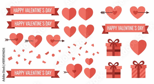 Valentine's Day celebration with red hearts, gift boxes, and banners on a white background viewed from directly above