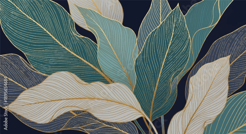 Elegant layered leaves illustration emerging from deep blue backdrop, viewed from a dynamic angle