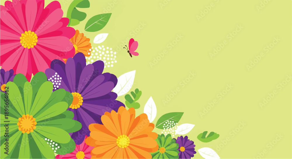 Obraz premium Celebrating spring with floral illustration, bottom-left arrangement seen from a whimsical viewpoint