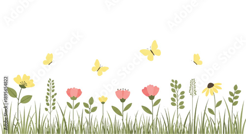 Colorful illustration of flowers and butterflies on a grass field, joyful white backdrop