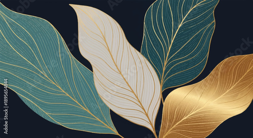 Elegant fan of four leaves with gold veins, illustrated on darkblue background, frontal view