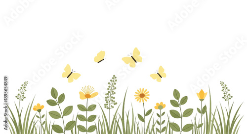 Butterflies hover over a green meadow of yellow flowers in a serene illustration, viewed upclose
