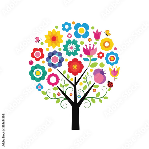Whimsical tree illustration with vibrant flowers, vines, leaves, viewed front in bright white scene