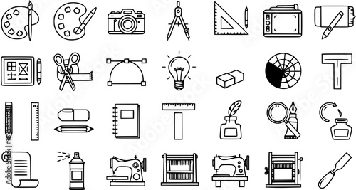 Creative Tools and Art Supplies Black and White Line Icon Set
