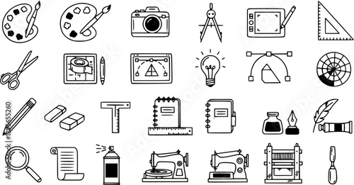 Black and white line art icons of creative art and design tools and supplies
