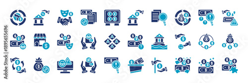 money laundering icon set collection in glyph duotone style. icon set consist of cross border, tax shelter, masked deal, fake paper, fund mixing, step placement, paper trail, cash cycle