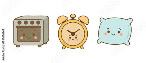 Cute Smiling Household Object Icon Set with Oven, Clock, and Pillow