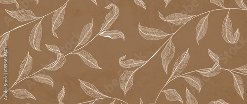 Botanical art background with white leaves on branches in a line art style with a watercolor texture. A natural banner for decor, prints, wallpaper, posters, and interiors.