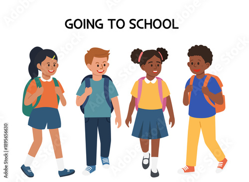 Happy diverse elementary students walking to school together with backpacks in flat vector illustration style