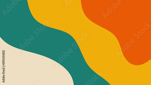 Abstract retro teal green and mustard yellow wavy background. Minimalist cream and turquoise liquid shapes. Organic fluid curve pattern with orange accents. Boho aesthetic flat design texture.