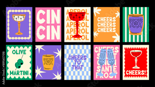 Retro cartoon cocktails- bubbly champagne & sparkling gin tonic, fun party cards & posters for kitchens, cafes, and restaurants.