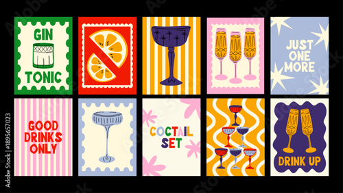 Retro cartoon cocktail posters with champagne and gin tonic for kitchen decor, cafes and restaurants. Fun party greeting cards with drinks in glassware.