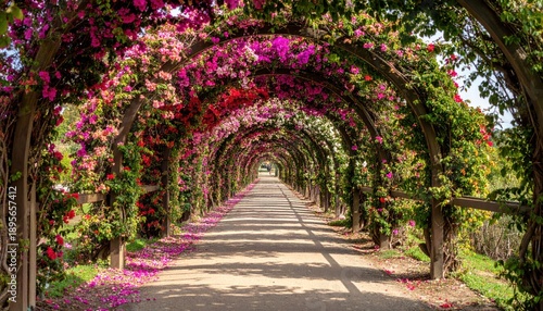 Enchanting floral tunnel - A vibrant pathway of blossoms and greenery.