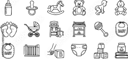 Baby Line Art Icons Set - Black and White Hand Drawn Outline Symbols for Newborn and Childhood. Essential Parenting Objects Collection.