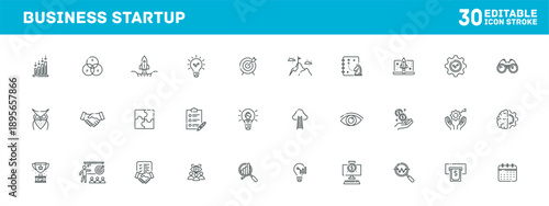 Business startup concept icons showing growth, teamwork, innovation, and strategy for banner design, editable stroke icon illustration