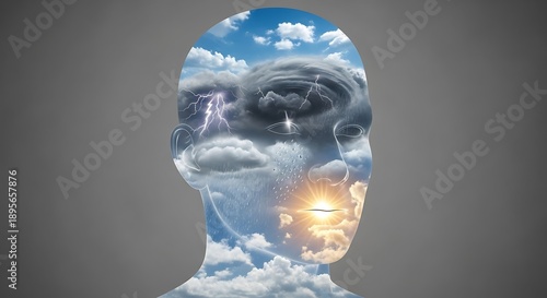 Abstract representation of a human head filled with weather phenomena and a bright sun symbolizing inner thoughts or emotions
