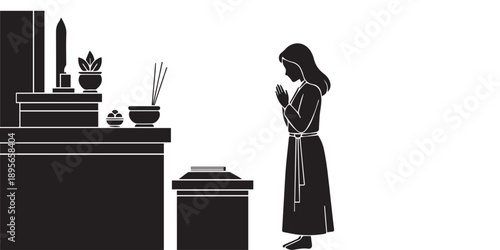 Silhouette illustration of a woman praying before a traditional Japanese Buddhist altar, complete with ceremonial offerings and burning incense on a pristine white background.