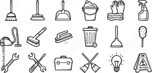 Black  White Line Art Cleaning, Household, and Maintenance Tools Icons Set. Simple Doodle Outline Vector Symbols for Housekeeping and Utility Tasks.