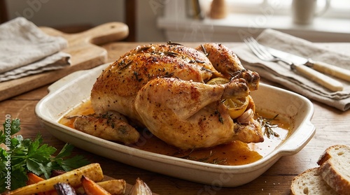 Roasted chicken with herbs and vegetables on wooden table  