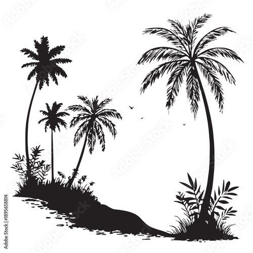 Black Calm Ocean View Silhouette Vector, High Quality Illustration on White Background