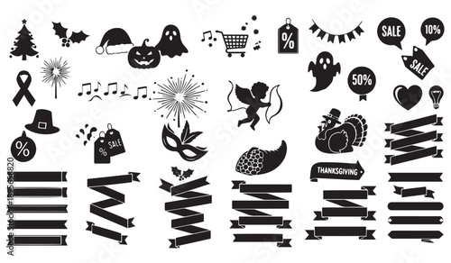 Collection of black silhouette icons for holidays and sales, including Christmas tree, turkey, ghost, heart, and ribbons.