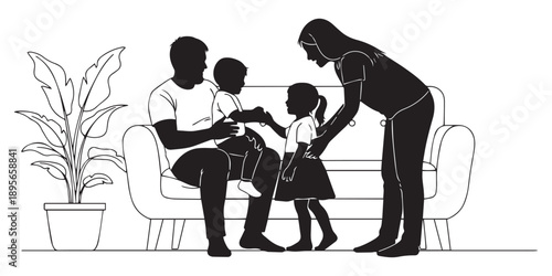Silhouette of a family with two children interacting on a sofa indoors, depicting a warm and loving home environment.