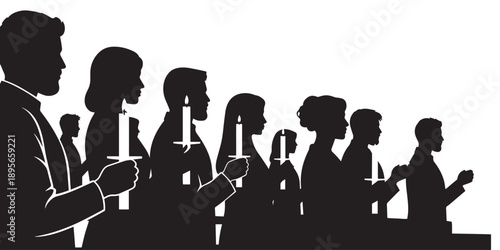 Silhouette of a congregation holding lit candles during a solemn religious service, fostering a sense of community and faith.