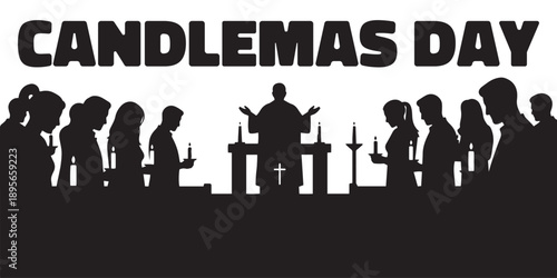 Candlemas Day celebration scene with silhouettes of a priest and attendees holding candles, illustrating a religious holiday.