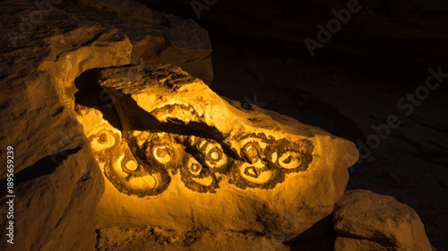 fossilized. Fossilized microbial patterns glow in ancient rock, lit by primal sunlight. STEM education sheets, lab safety posters, designed for STEM education and laboratory safety posters.
