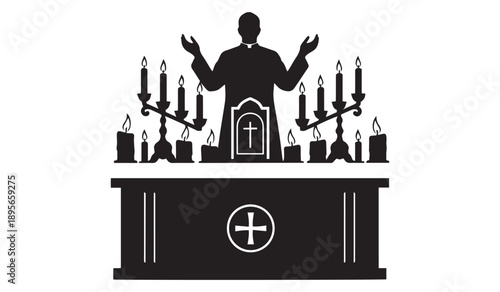 Silhouette of a priest at an altar surrounded by candles and a cross, representing a solemn religious ceremony or sacrament.