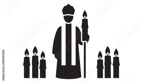 Silhouette of a bishop holding a tall candle amidst smaller lit candles, symbolizing a religious ritual or blessing.