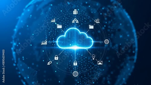 Global Cloud Computing Network Visualization Depicting Secure Data Storage, Information Exchange, and Interconnected Digital Technology Ecosystem for Modern Business and Media Solutions