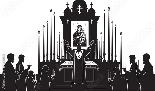 Eastern Orthodox Christian liturgy scene depicting a priest with raised arms before an altar, framed by a traditional iconostasis with a Theotokos icon and congregants holding