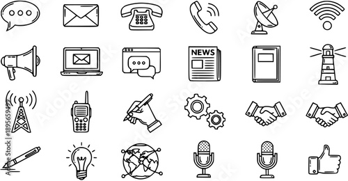 Black and White Line Art Communication, Technology, Business, and Media Icons Set. Outline Doodle Vector Assets for Information and Networking Concepts.