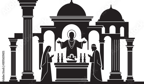 Black and white graphic of a religious ceremony with a haloed central figure, two praying people, an altar, a crib, candelabras, and classical temple architecture, isolated
