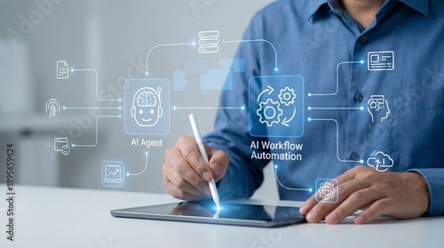 Business person using tablet with AI workflow automation interface icons